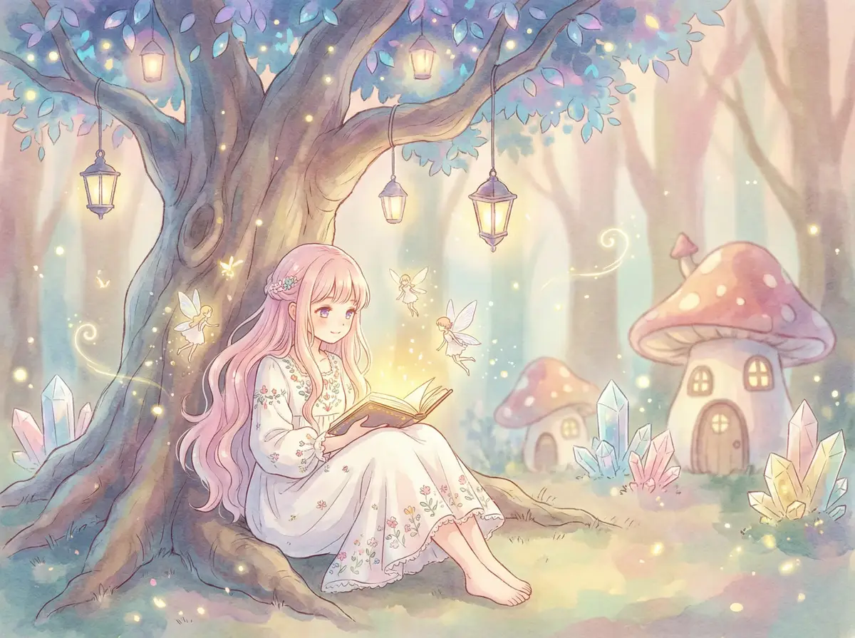 吃饭还在顶 - 魔法森林中阅读故事书的粉发少女与精灵